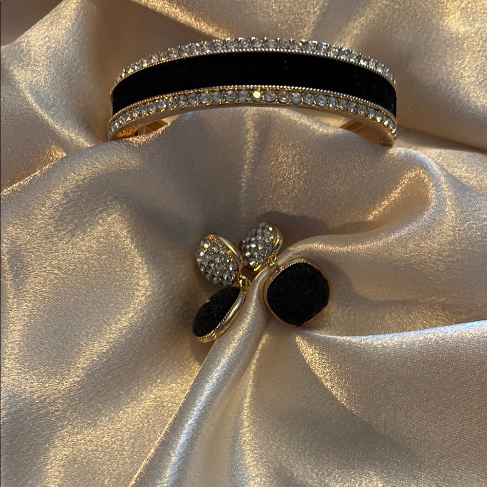 Monet Black and Gold Bracelet & Earrings with Vintage Charm